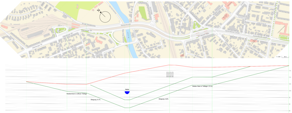 Ausschnitt aus dem Straßenplan Frankfurt mit Skizze des möglichen Tunnelverlaufs